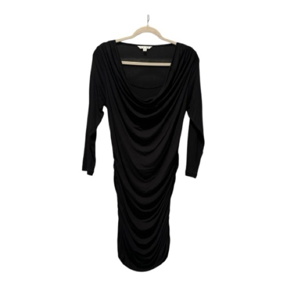 Cabi Black Ruched Bodycon Dress Size M Draped Neck Midi Flattering Stretch LBD